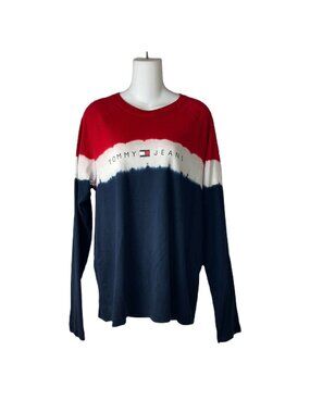 Tommy Jeans Mens Long Sleeve Tie Dye Red White Blue Logo Shirt Size M Cotton